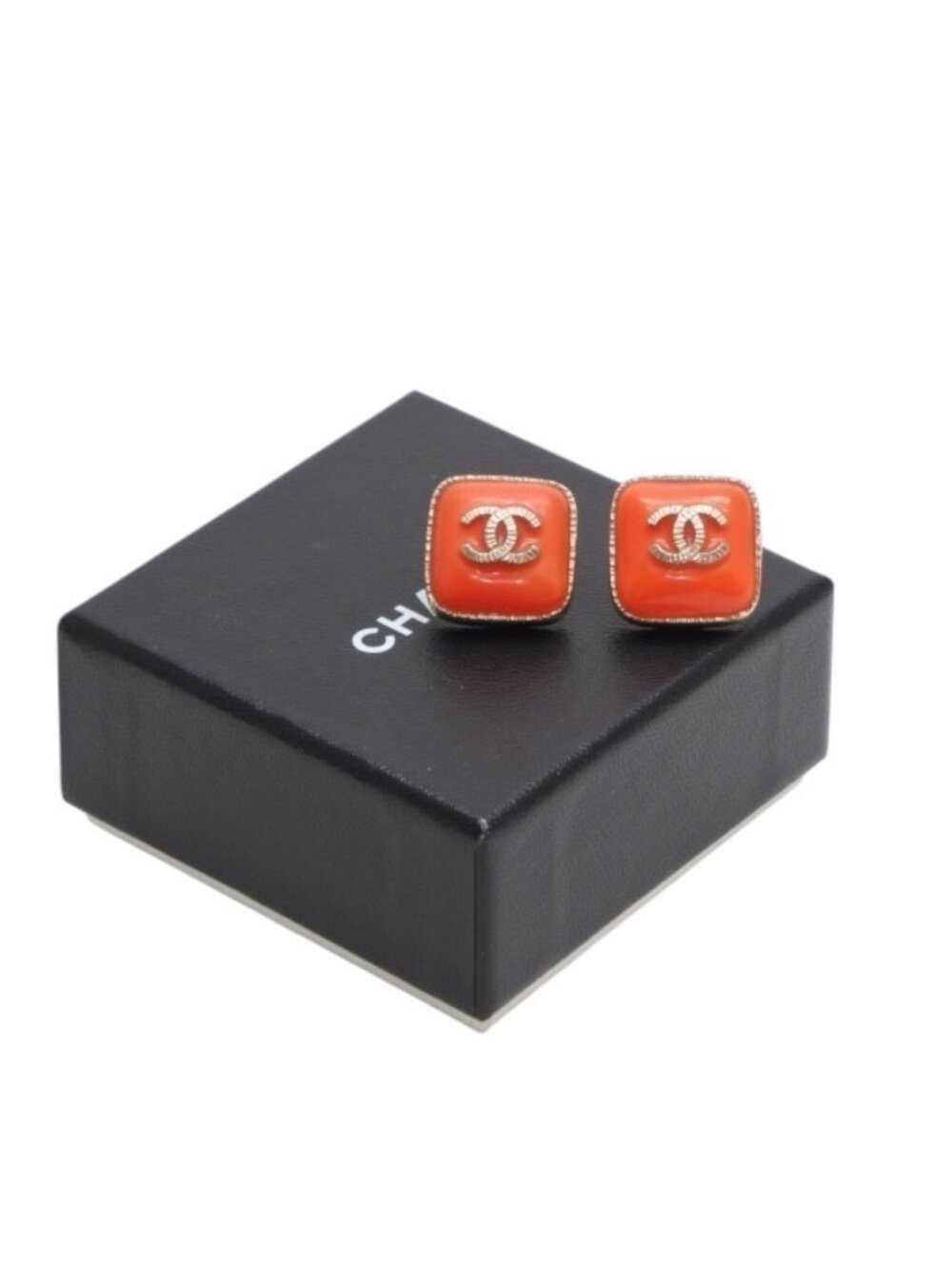 Chanel Earrings CC Logo Square Button Orange Gold